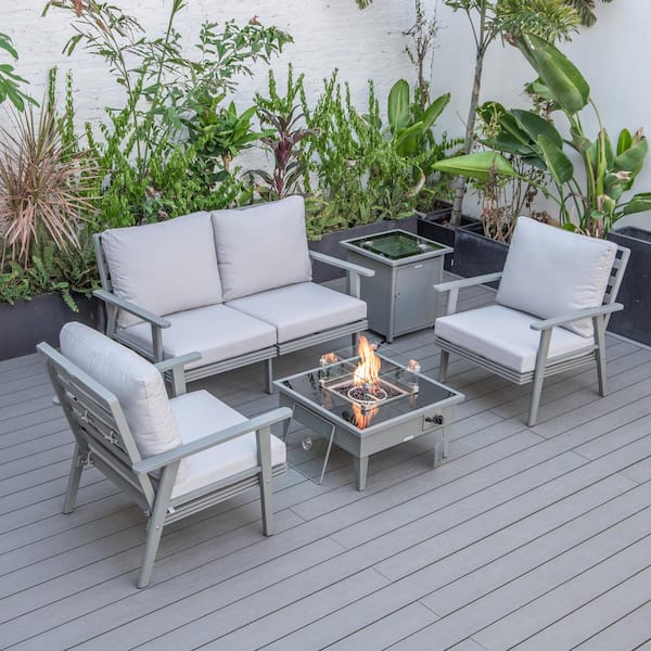 Leisuremod Walbrooke Grey 5-Piece Aluminum Square Patio Fire Pit Set with Light Grey Cushions and Tank Holder
