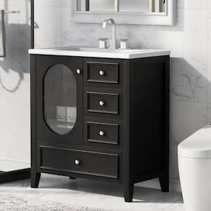 18.30 in. W Top White Freestanding Wood Vanity Bathroom Cabinet with Sink 3 Drawers & Door in Black