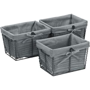 9 in. L x 7 in. W x 6 in. H Wire Basket With Gray removable fabric Liner Rustic Storage Set of 3