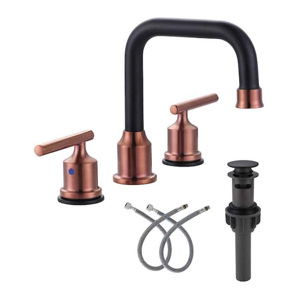 IVIGA 8 in. Widespread Double Handle High Arc Bathroom Faucet with Pop-up Drain and Supply Lines in Black and Gold (1-Pack)