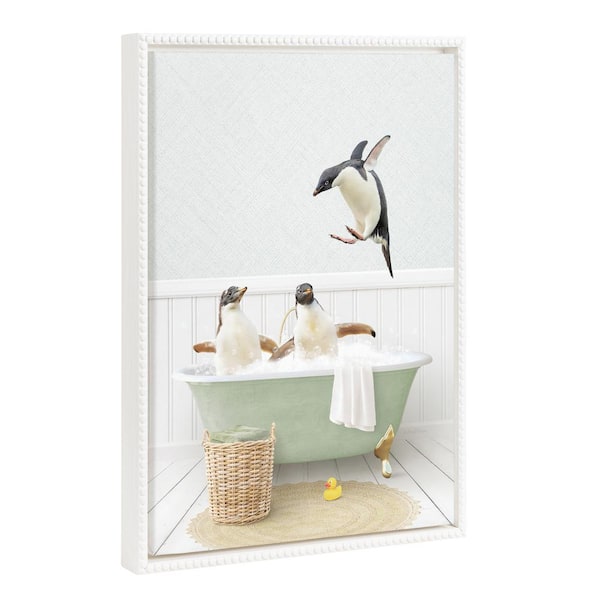 Kate and Laurel Modern Cute Penguins Animal Bathtub Wall Art 1-Piece White Framed Canvas Art Print, 18 in. x 24 in.