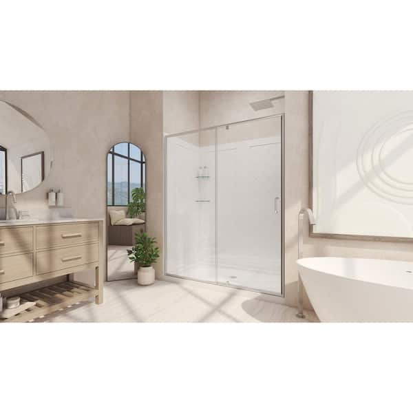 Flex 48 in. x 72 in. Semi-Frameless Pivot Shower Door in Brushed Nickel Finish with 48 in. x 36 in. Base in White