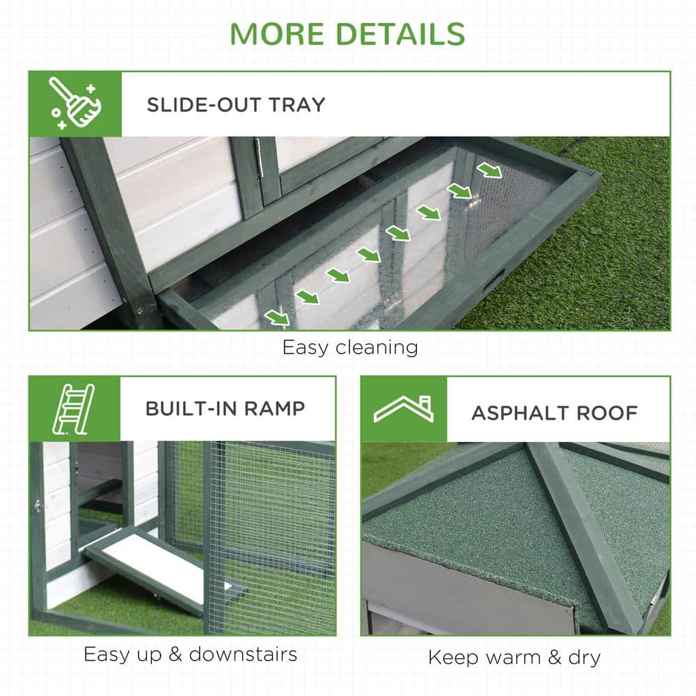 Green and White Wooden Chicken Coop with Nesting Box and Run