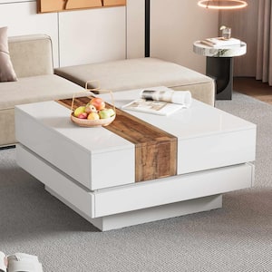 31.4 in. White Square Wood Coffee Table with Sliding Tabletop, Hidden Storage, Extendable Cocktail