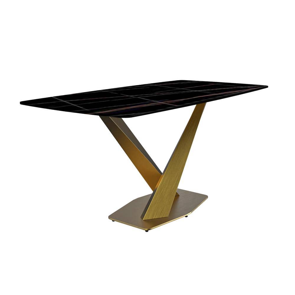 Voren Modern Black/Gold Stone Tabletop 62 in. Double Pedestal Base Dining Table 8-Seater in Gold Stainless Steel