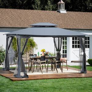 10 ft. x 13 ft. Gray Outdoor Patio Gazebo Canopy Tent With Ventilated Double Roof and Mosquito Net