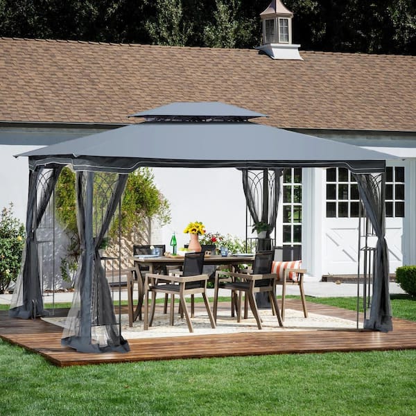 GOSHADOW 10 ft. x 13 ft. Gray Outdoor Patio Gazebo Canopy Tent With Ventilated Double Roof and Mosquito Net