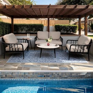 5-Piece Aluminum Patio Conversation Set with Gray Cushions, Table with White Carrara Marble-Look