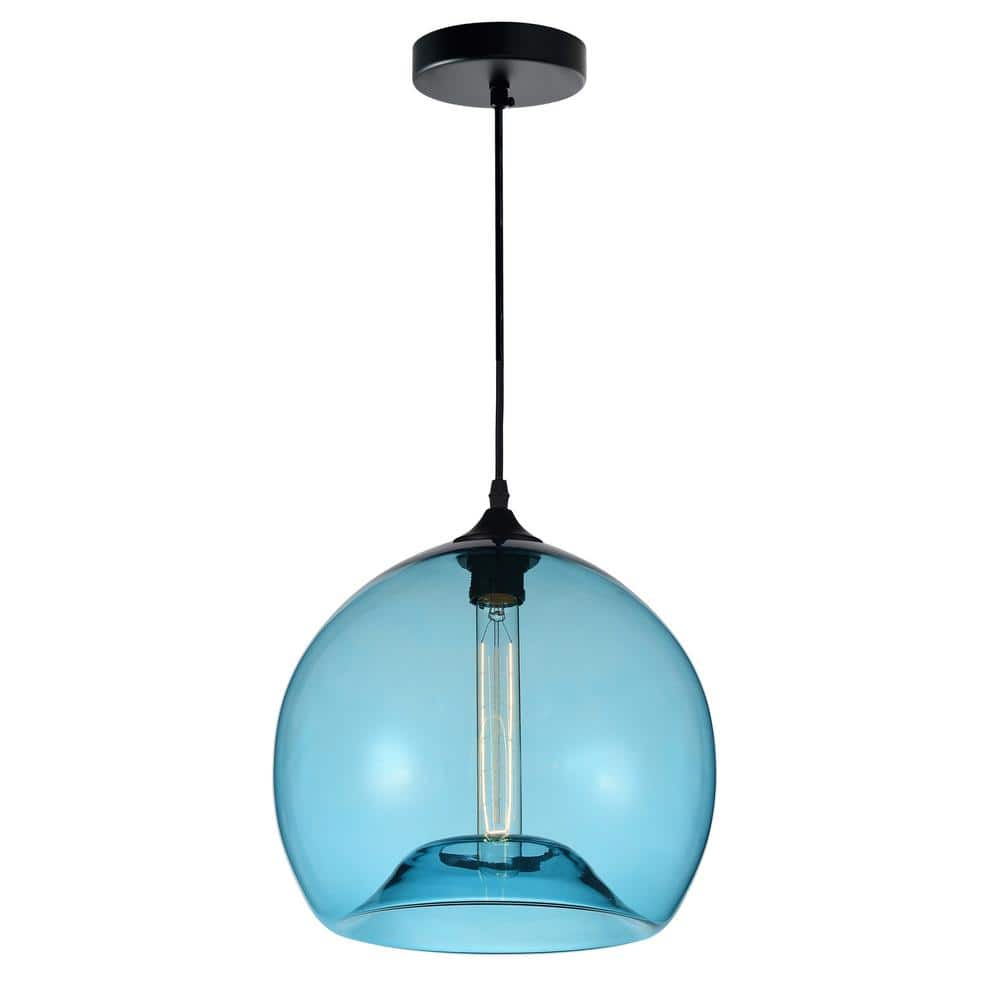 Contemporary Mini Bowl Glass Pendant in Blue with Matte Black Base