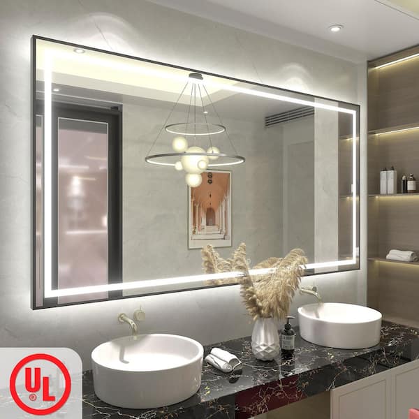 66 in. W x 36 in. H Rectangular Framed Front and Back LED Lighted Anti-Fog Wall Bathroom Vanity Mirror in Tempered Glass