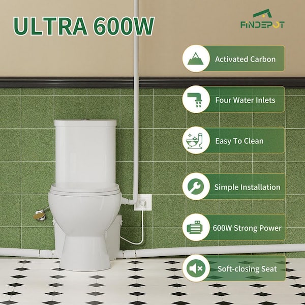 Rear Mount 2-Piece 1.0/1.6 Dual Flush Round Macerating Toilet in White Seat Included, with 600W Macerator Pump