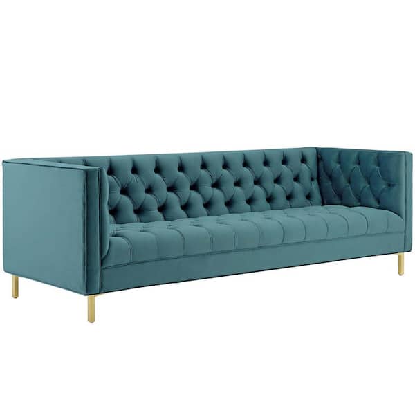 Delight 89.5 in. Sea Velvet 4-Seater Tuxedo Sofa with Square Arms