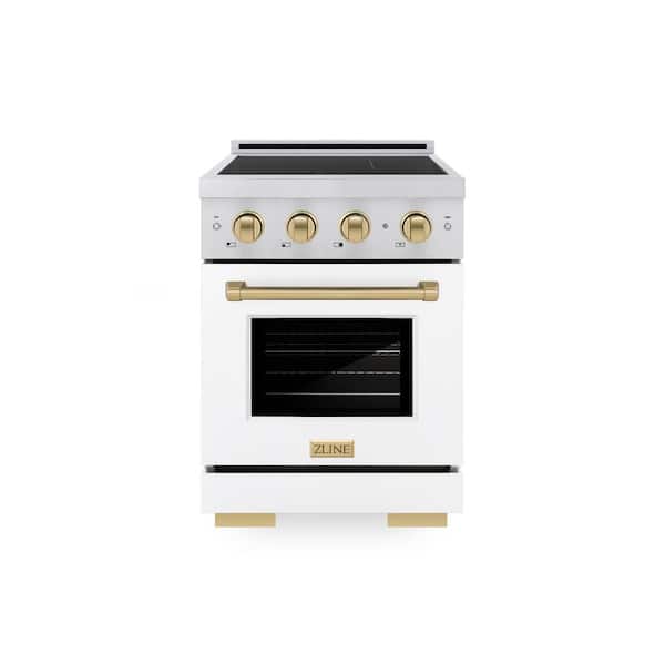 Autograph 24 in. Paramount Induction Range with 3 Element Cooktop in Satin Steel with White Door and Bronze Accents