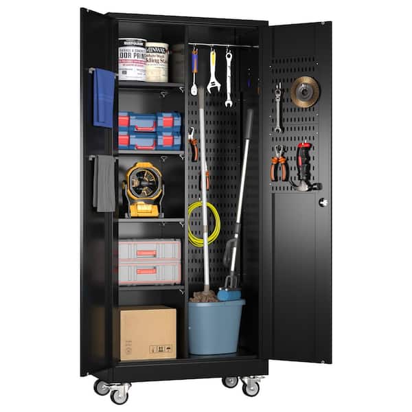 Kaikeeqli 34 in. W x 71 in. H x 18 in. D Steel Rolling Freestanding Cabinet, Cleaning Tool Cebinet with Hanging Rod, Hook in Black