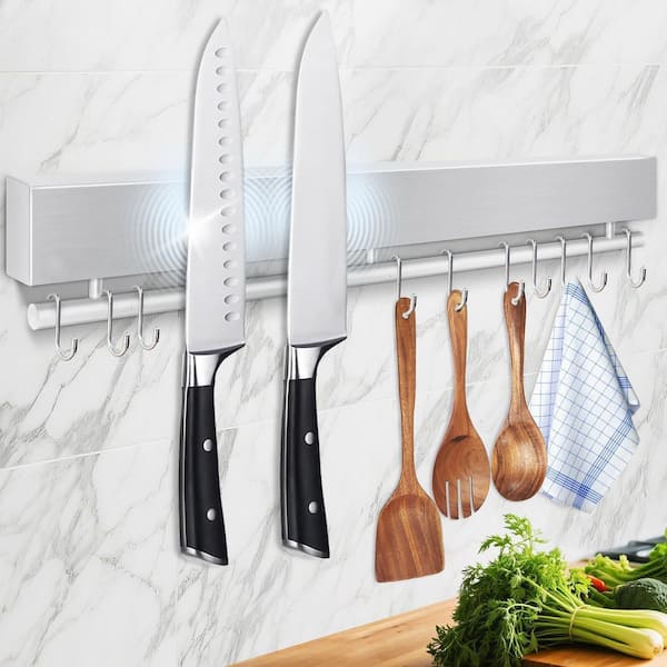 17 in. Stainless Steel Magnetic Knife Holder, Holds 10-Knives, No-Drill Hooks, Waterproof Alternative to Knife Block