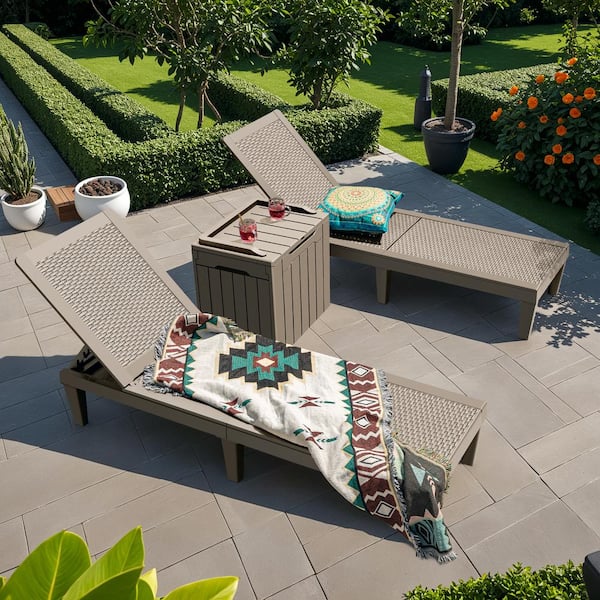 Light Mocha Plastic Outdoor Chaise Lounge Set of 2 Adjustable Back Chairs and 1-32 gal. deck box