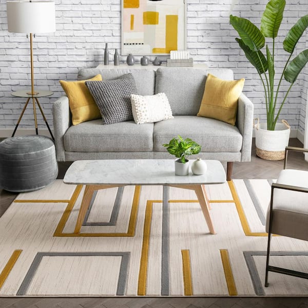 Cheap Geometric Abstract Ochre Yellow Grey Black Living Room Rug Free Delivery 