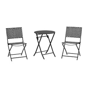 Mix and Match Black and White 3-Piece Steel Wicker Outdoor Bistro Folding Set