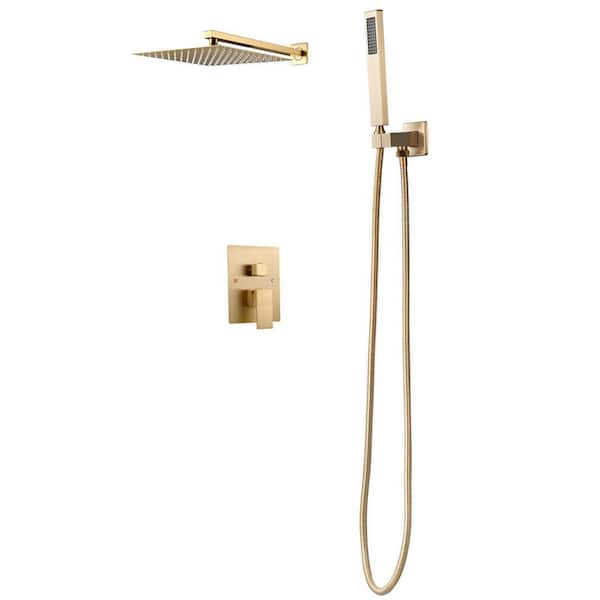 Brushed Gold Shower Faucet Set, 1 Spray Rainfall System, 10 in. Rain Shower Head & Handheld, Wall Mounted Brass Valve