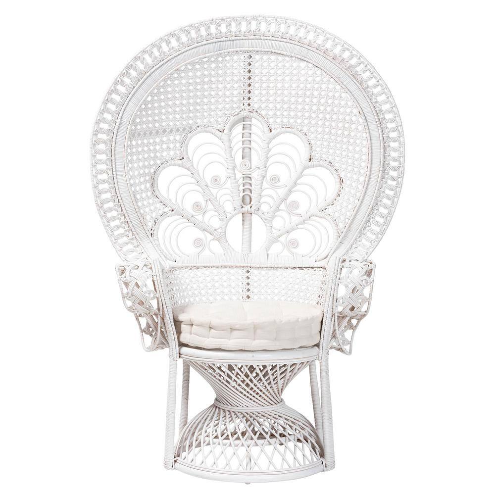 White Handcrafted Rattan Peacock Accent Chair with Upholstered Cushion
