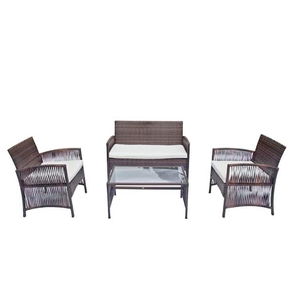 Kahomvis 4-Piece PE Rattan Patio Conversation Set with White Cushions
