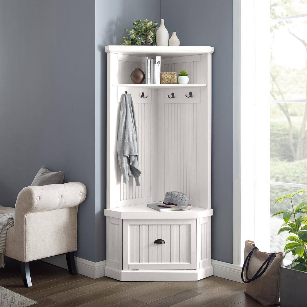 Distressed White Birch Corner Hall Tree with Storage