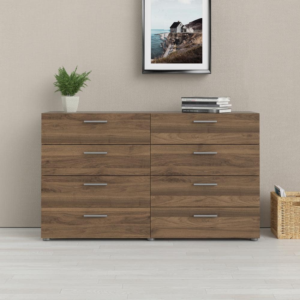Walnut 8 Drawer Double Dresser with Metal Handles