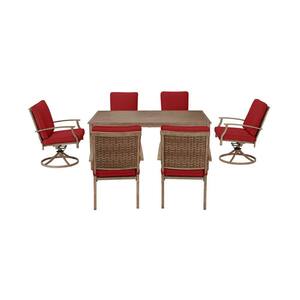 Geneva 7-Piece Brown Wicker Outdoor Patio Dining Set with CushionGuard Chili Red Cushions