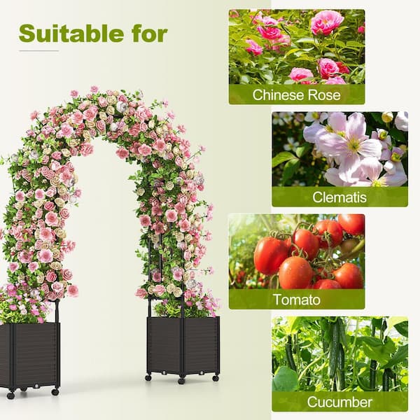 113 in. H x 80 in. W x 16 in. D Steel Garden Arch Trellis with 2 Planter Boxes and Lockable Wheels in Black