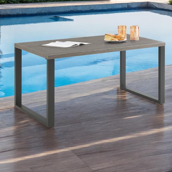 Black Metal Rectangular Dining Table for 6 with Wood Grain Finish Top Gray(52 in. L x 26 in. H)