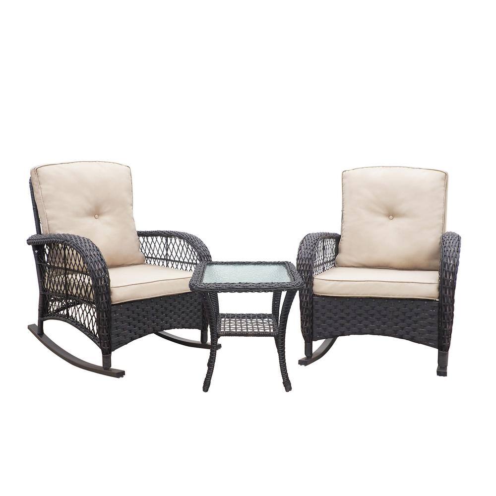 HOTEBIKE 3Piece Wicker Rocking Patio Conversation Set with Brown