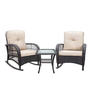 3-Piece Wicker Rocking Patio Conversation Set with Brown Cushions and Glass Top Side Table
