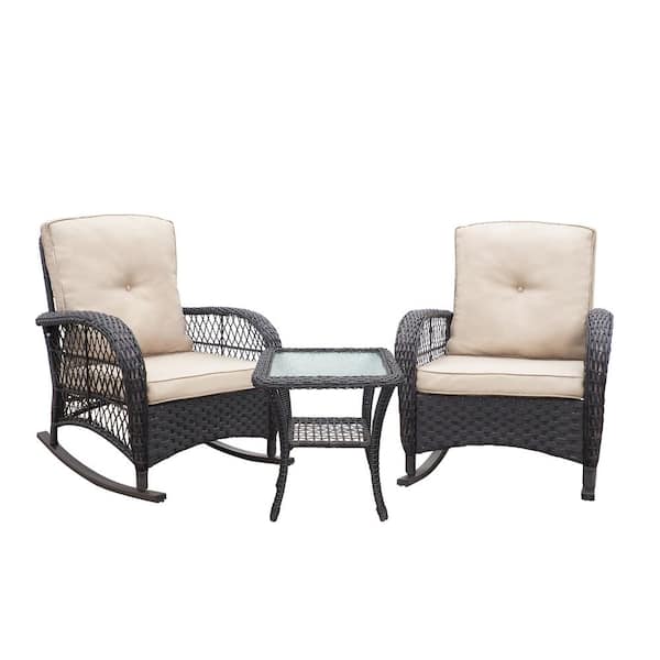 HOTEBIKE 3-Piece Wicker Rocking Patio Conversation Set with Brown Cushions and Glass Top Side Table