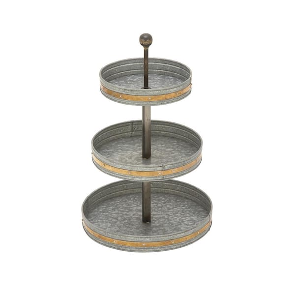 Litton Lane 24 in. 3-Tiered Round Gray Iron Tray Stand with Copper Band Accents