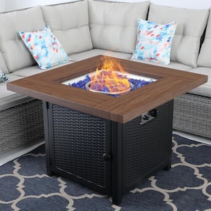 33.9 in. W x 25.2 in. H Square Wood-like Metal Steel Gas Fire Pit Table with Cover and 50000 BTU Burner