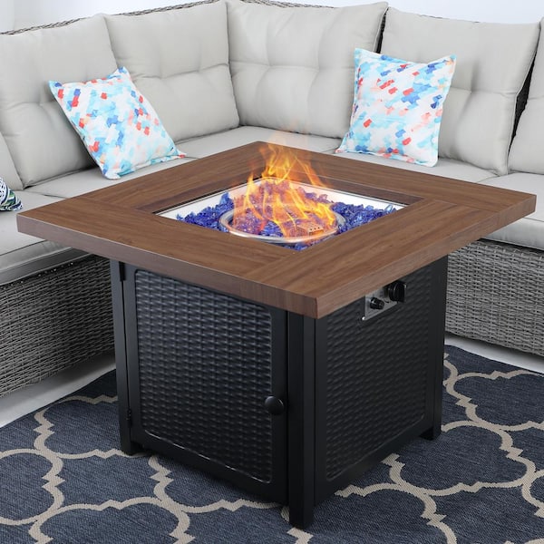 PHI VILLA 33.9 in. W x 25.2 in. H Square Wood-like Metal Steel Gas Fire Pit Table with Cover and 50000 BTU Burner
