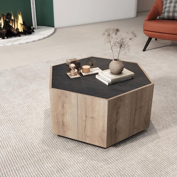 Noble House Nins 31.81 in. Light Oak Hexagonal Particle Board Coffee Table with Drawers, Black Textured Top