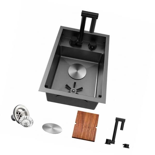 Black Stainless Steel 12 in. Single Bowl Bar Sink with 360 Rotating Faucet, Cutting Board Undermount for Kitchen Bar RV