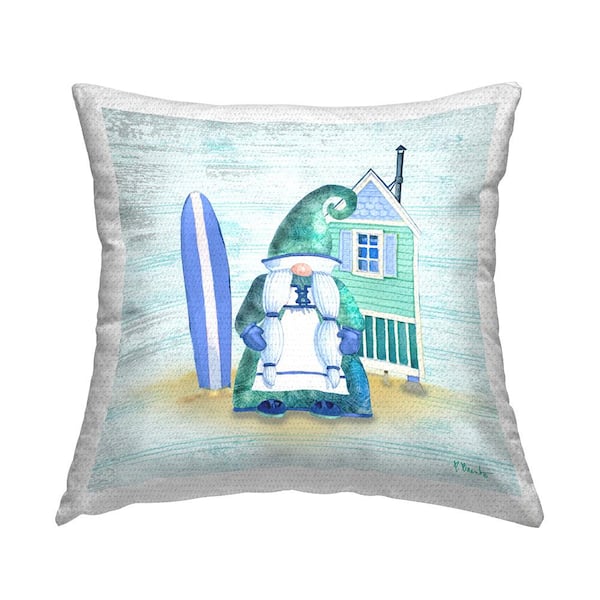 Stupell Industries Green Gnome Coastal Beach Home Surfboard Blue Square Outdoor Throw Pillow