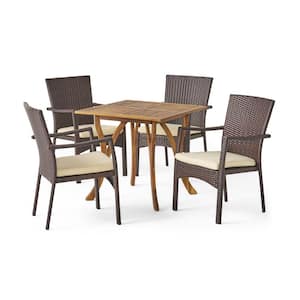Zaire 5-Piece Wood and Faux Rattan Square Outdoor Patio Dining Set with Crme Cushion