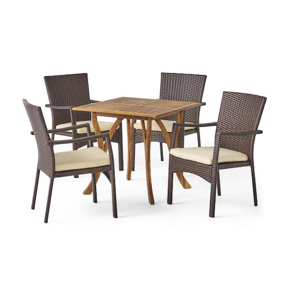 Noble House Zaire 5-Piece Wood and Faux Rattan Square Outdoor Patio Dining Set with Crme Cushion