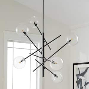 Tubuladura 6-Light Black Sputnik Chandelier Mid Century Industrial Adjustable Linear Pendant for Kitchen Dining Room