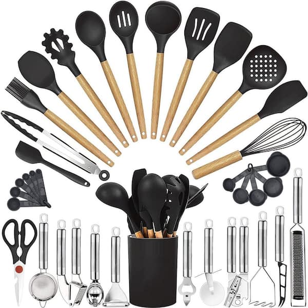 35-Piece Black Heat Resistant Food Grade Silicone and Wooden Handles Cooking Utensils Set for Nonstick Cookware