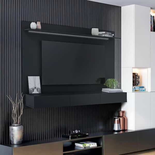 MAYKOOSH Black Floating Entertainment Center for TV s upto 70 in. with Display Shelves Wall Mount Pull Out Drawers LED Light 24840