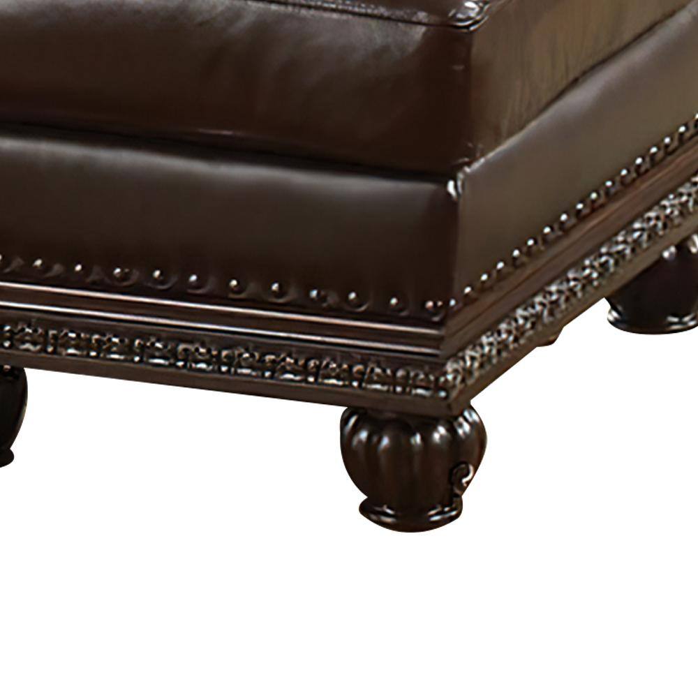 Espresso Brown Faux Leather Tufted Ottoman with Nailhead Trim