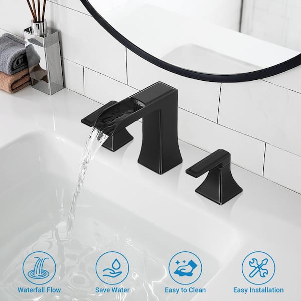 8 in. Widespread Double-Handle Waterfall Bathroom Faucet with Pop-Up Drain in Matte Black