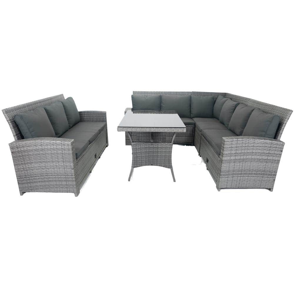 5 Piece Wicker Outdoor Sectional Set 9 Seat Conversation Set with 3 Under S