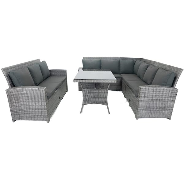 TANKY TRADING INC 5 Piece Wicker Outdoor Sectional Set 9 Seat Conversation Set with 3 Under Seat Storage with Cushion Dark Gray