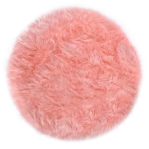 Silky Faux Fur Sheepskin Shag Light Pink 4 ft. x 4 ft. Round Fluffy Fuzzy Area Rug