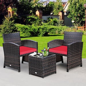 3-Piece Wicker Patio Conversation Set with Red Cushions Sofa Coffee Table